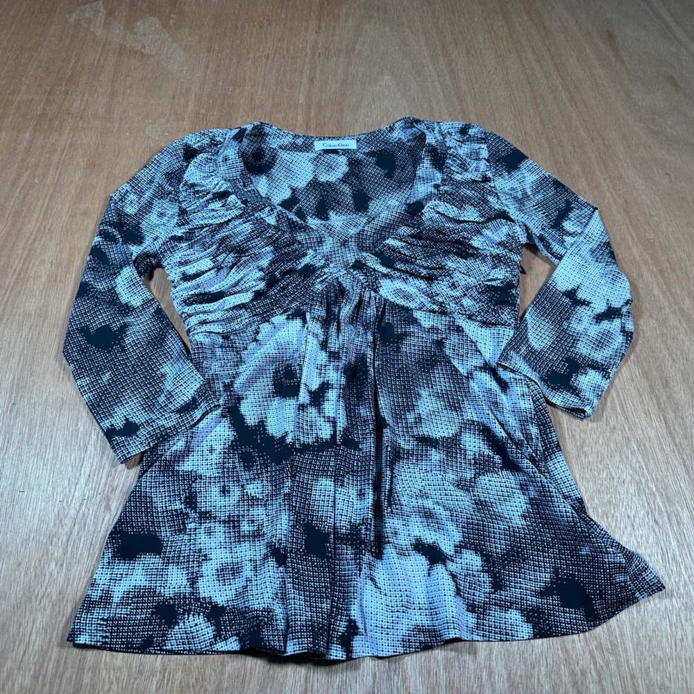 Calvin Klein Blouse Women Size 6 Black White Abstract Floral Empire Waist Ruched